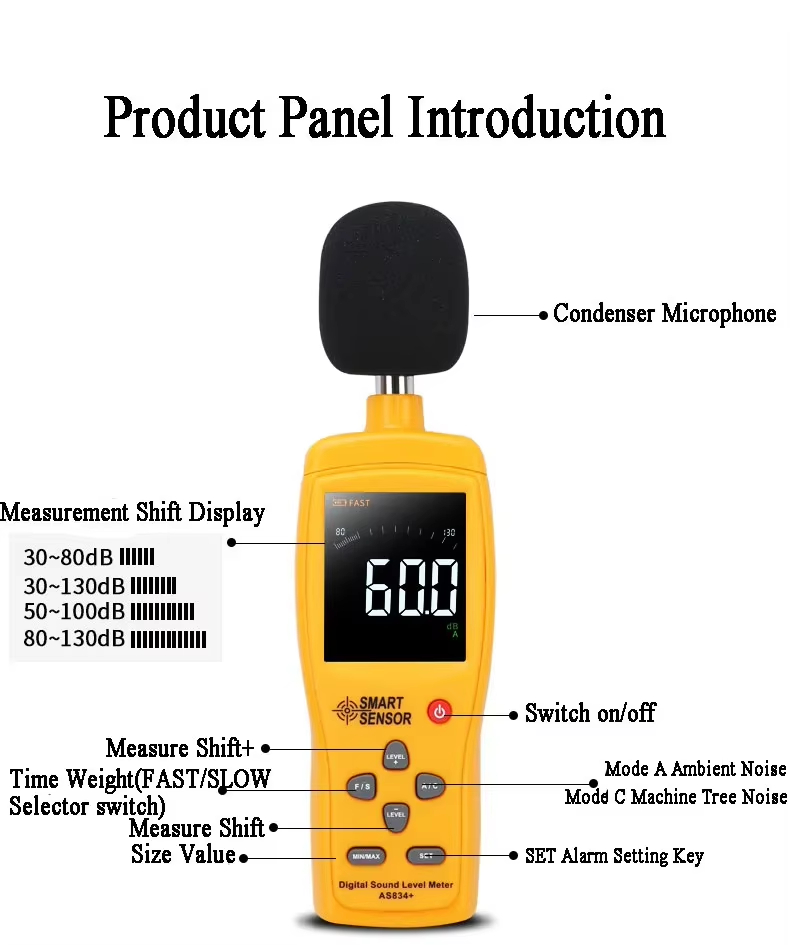 SMART SENSOR AS834+ Digital LCD Sound Level Meter Noisemeter 30-130dB ...