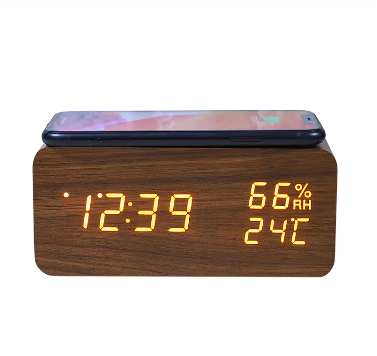 HX-6013 Practical Wooden Electronic Clock Temperature Humidity Display Synchronously Places Mobile Phone Desktop Enhances Style