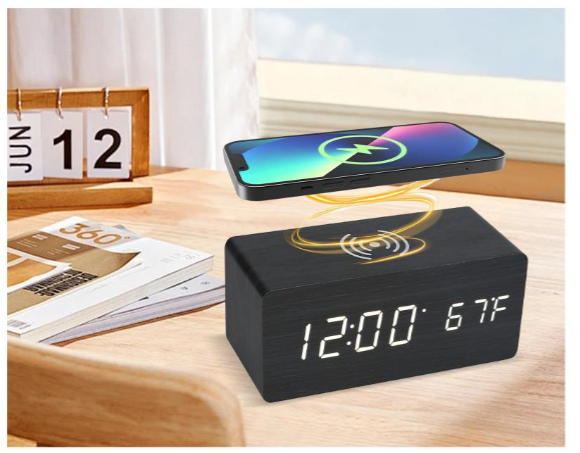 HX-6006 Led Table Wooden Digital Alarm Clock with Wireless Charging Pad for Bedroom Office Home Clock